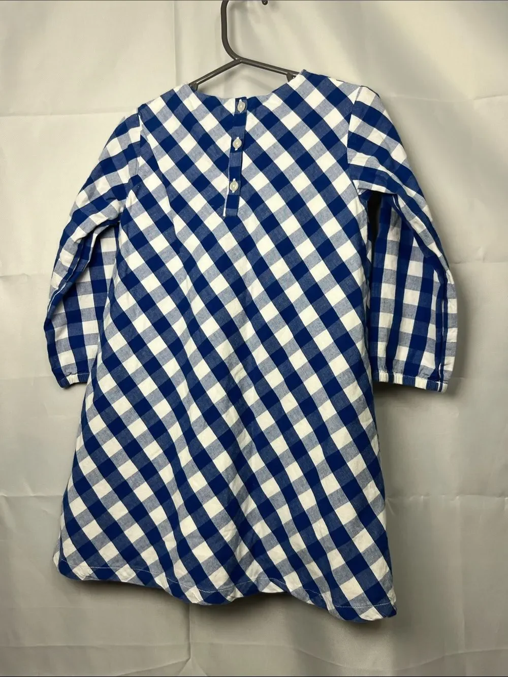 Polarn O. Pyret blue and white check long sleeve cotton dress cross stitching